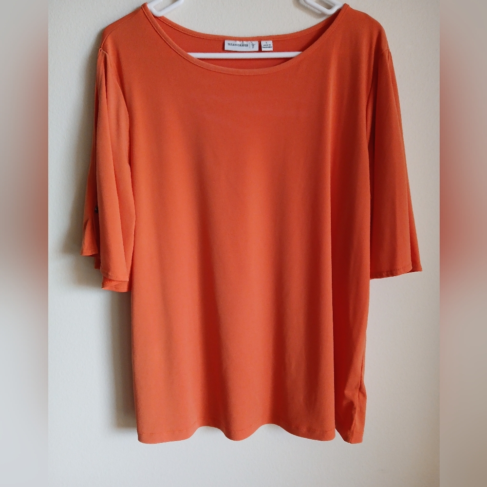 Susan Graver short slit sleeves blouse size large orange top